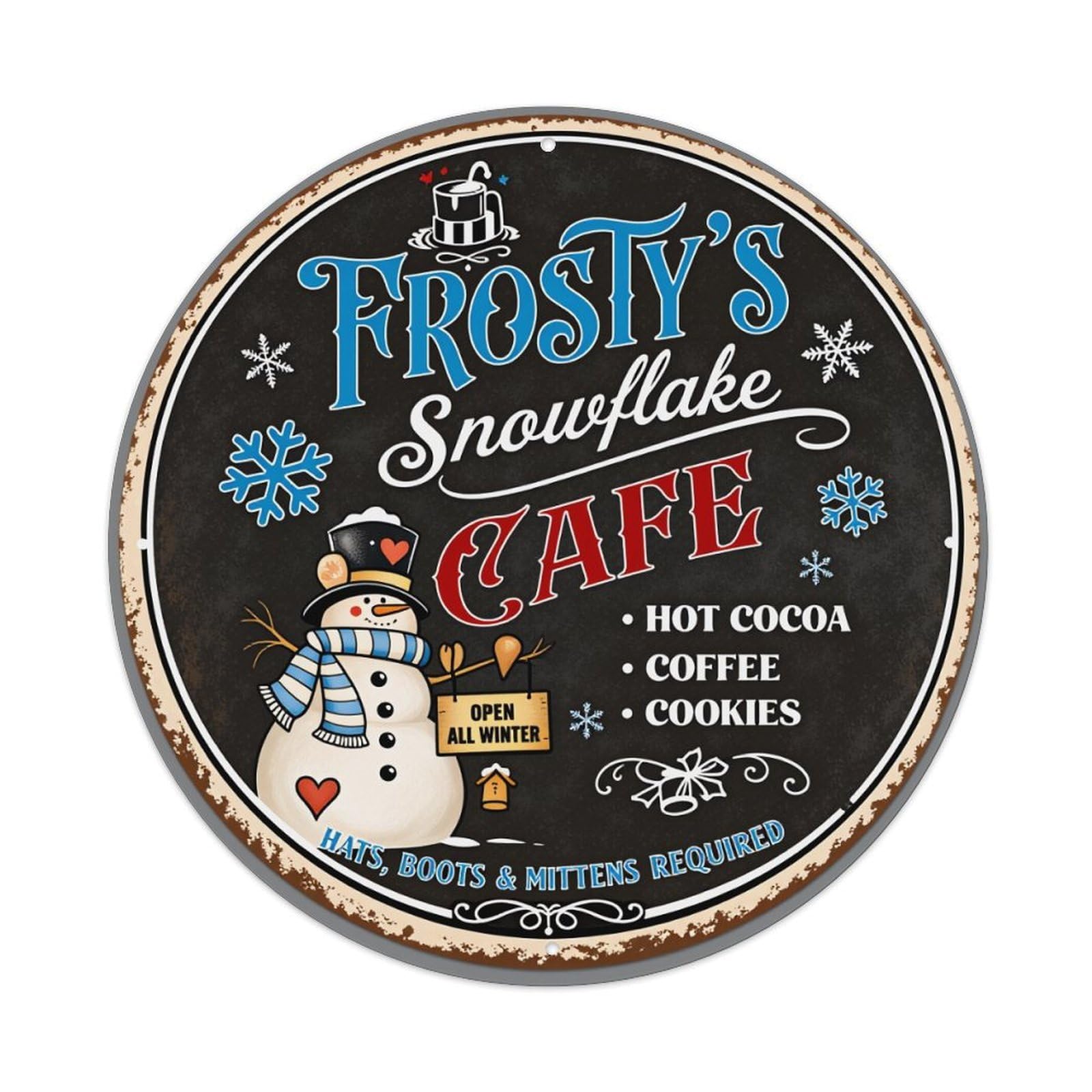 Frosty Snowflake Cafe Winter Sign Round Tin Sign Vintage Style Metal Sign Home Bar Garden Wall Plaque Decor Metal Poster 8x8 Inch