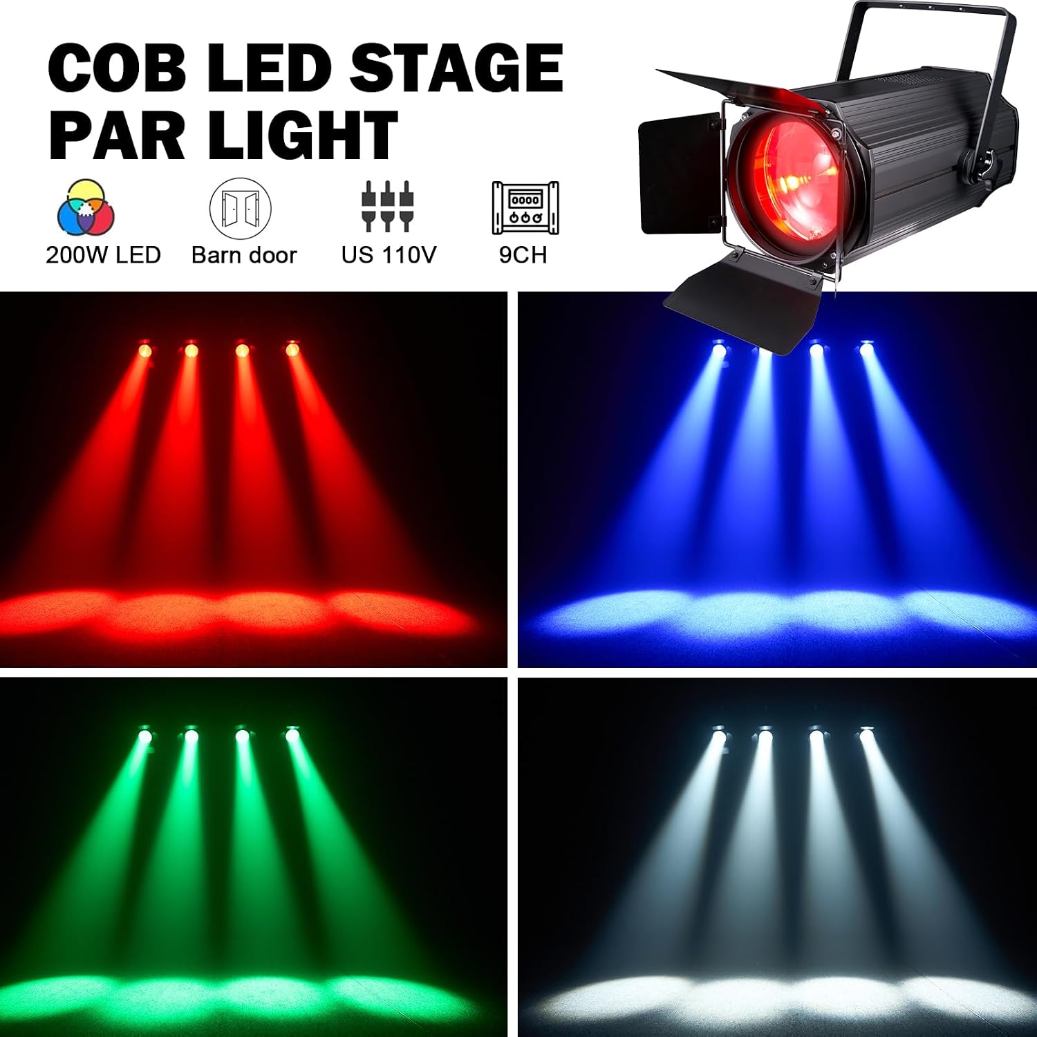Zoom Stage Light with Barn Doors, 200W COB Par Light, RGBW 4in1 Fresnel Wash Spotlight DMX512 Sound Activated for DJ Church Theater, Event, Wedding
