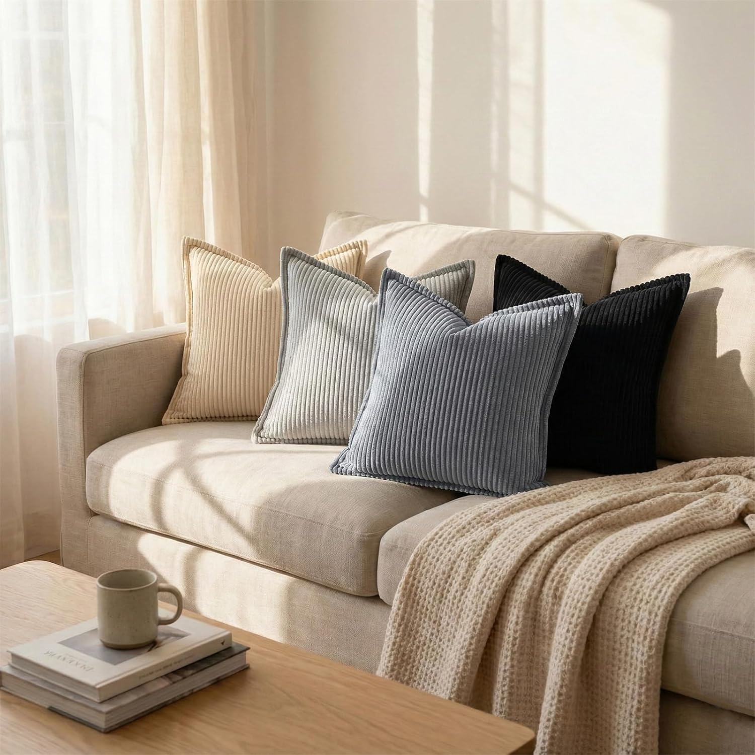 Mecatny Corduroy Throw Pillow Covers 24x24 Set of 2, Neutral Decorative Soft Boho Couch Pillow Covers with Broadside for Sofa Living Room, Black