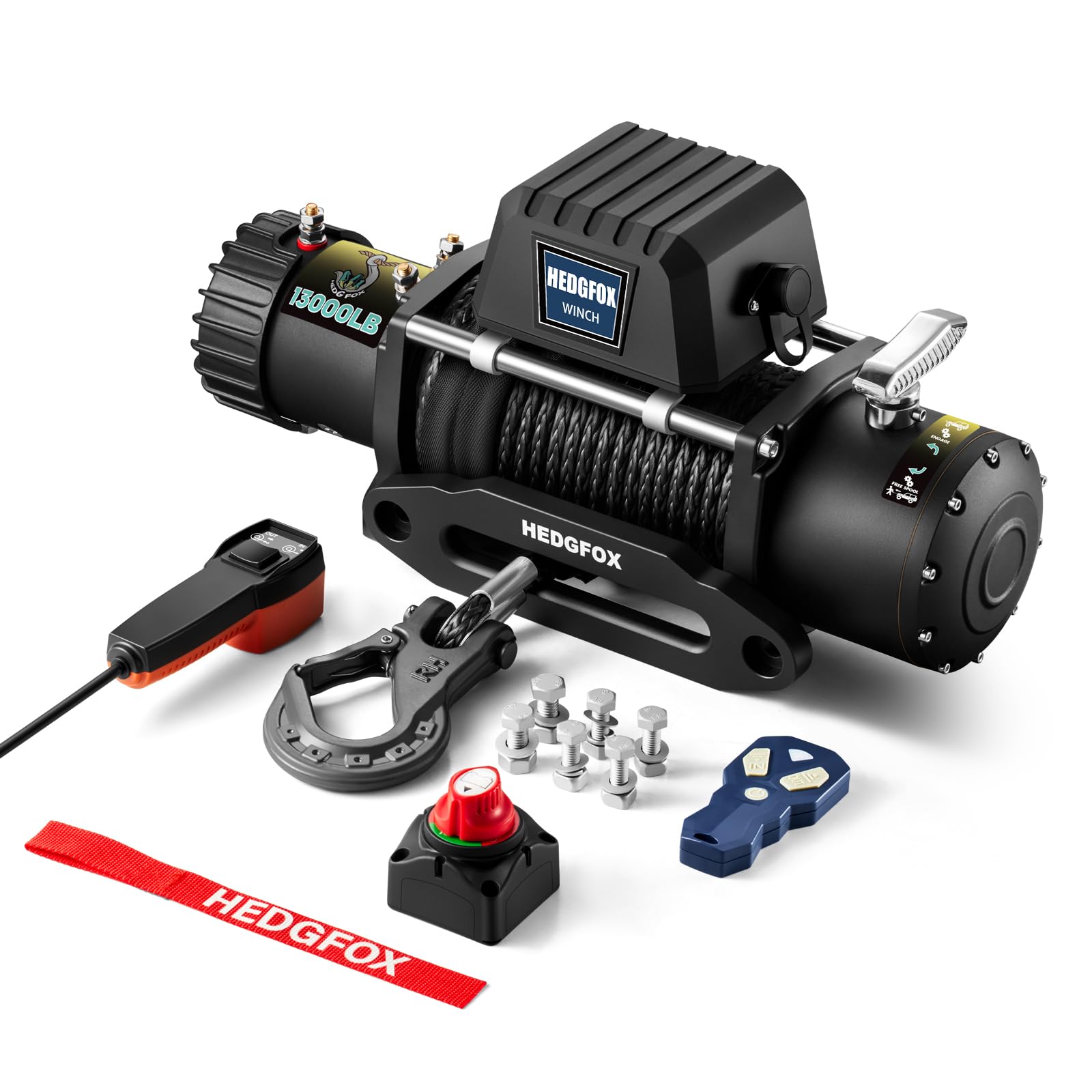 HEDGFOX 12V 13000lb Winch Synthetic Rope Electric Power Winch Waterproof IP66 with Wireless Remote and Handheld Corded Switch for Truck SUV Pickup Trailer Offroad Recovery Equipment