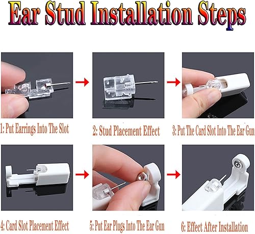 Miniatura 6 de Juego de 4 pistolas de perforación para el oído, juego de herramientas desechables para perforar las orejas con aretes de tuerca y limpieza para uso