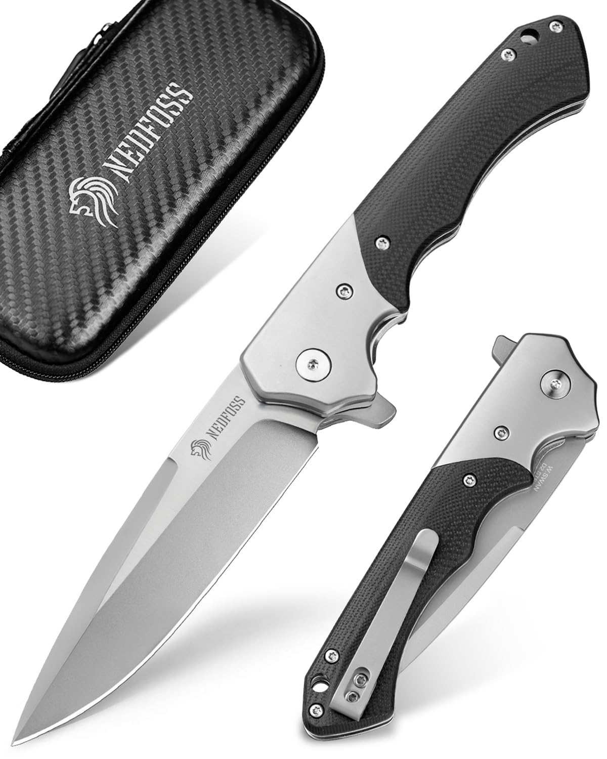 NedFoss SWAN couteau pliant, clip ceinture couteau, d2 acier couteau survie, couteau de poche, couteau de sauvetag, Idéal pour la survie, les cadeaux
