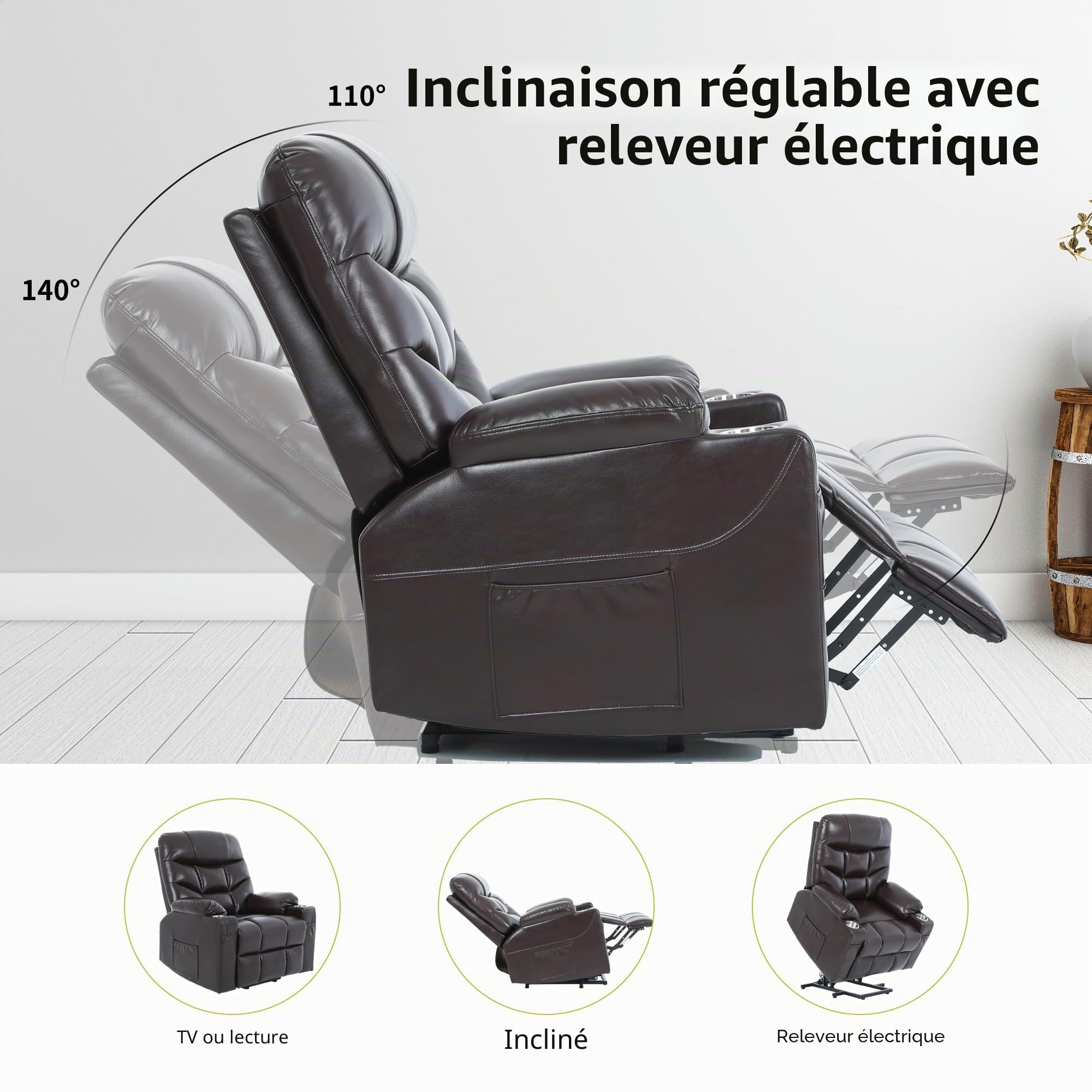S*MAX Fauteuil Relax Electrique X Large PU Cuir Fauteuil électrique releveur pour Personnes âgées Fauteuil Relaxant pour Le Salon Poches latérales Port de Charge USB et télécommande Marron