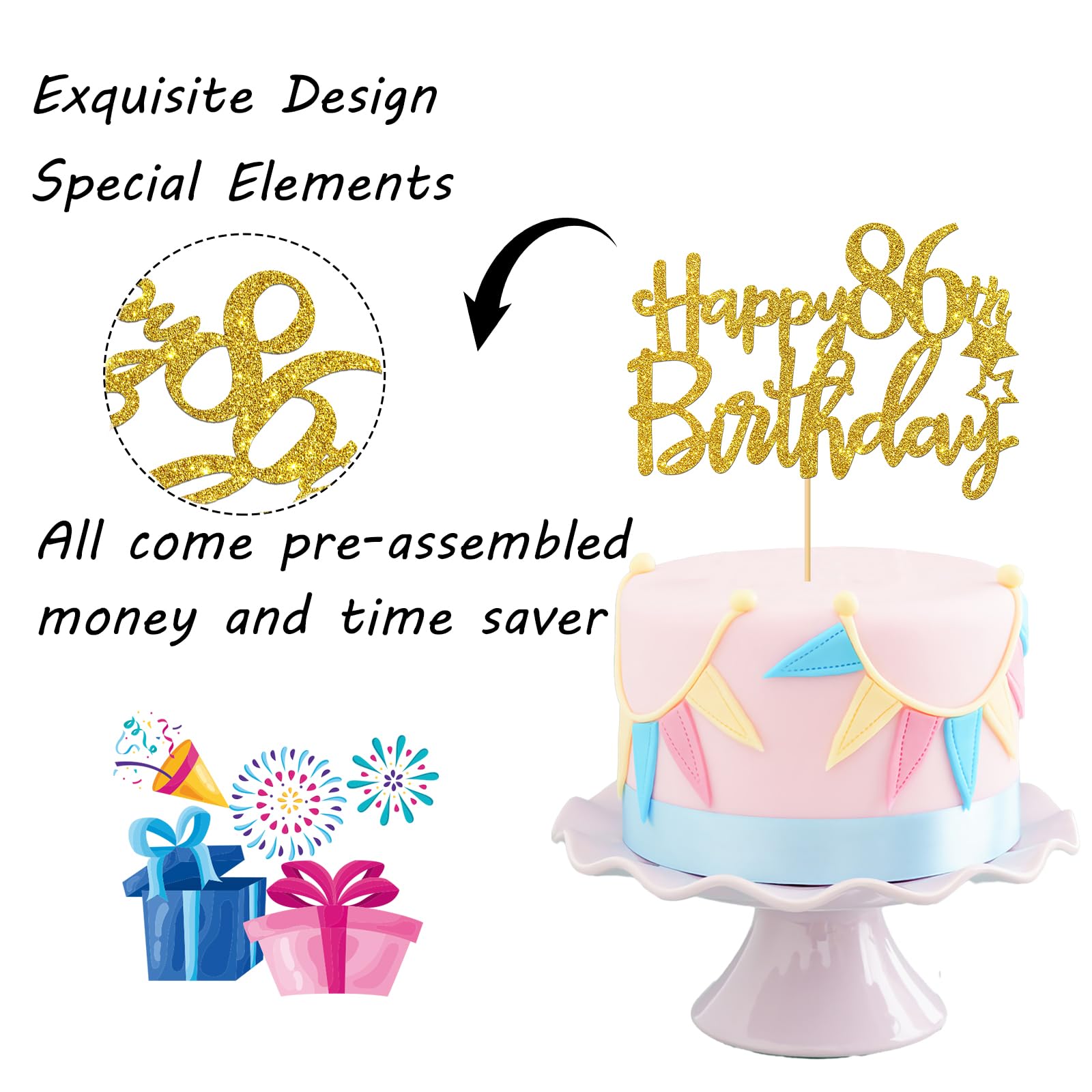 86. Geburtstag Kuchenaufsatz Aus Acryl – Gold Glitzer, Doppelseitig, 15,2x10,8 Cm, Made In USA