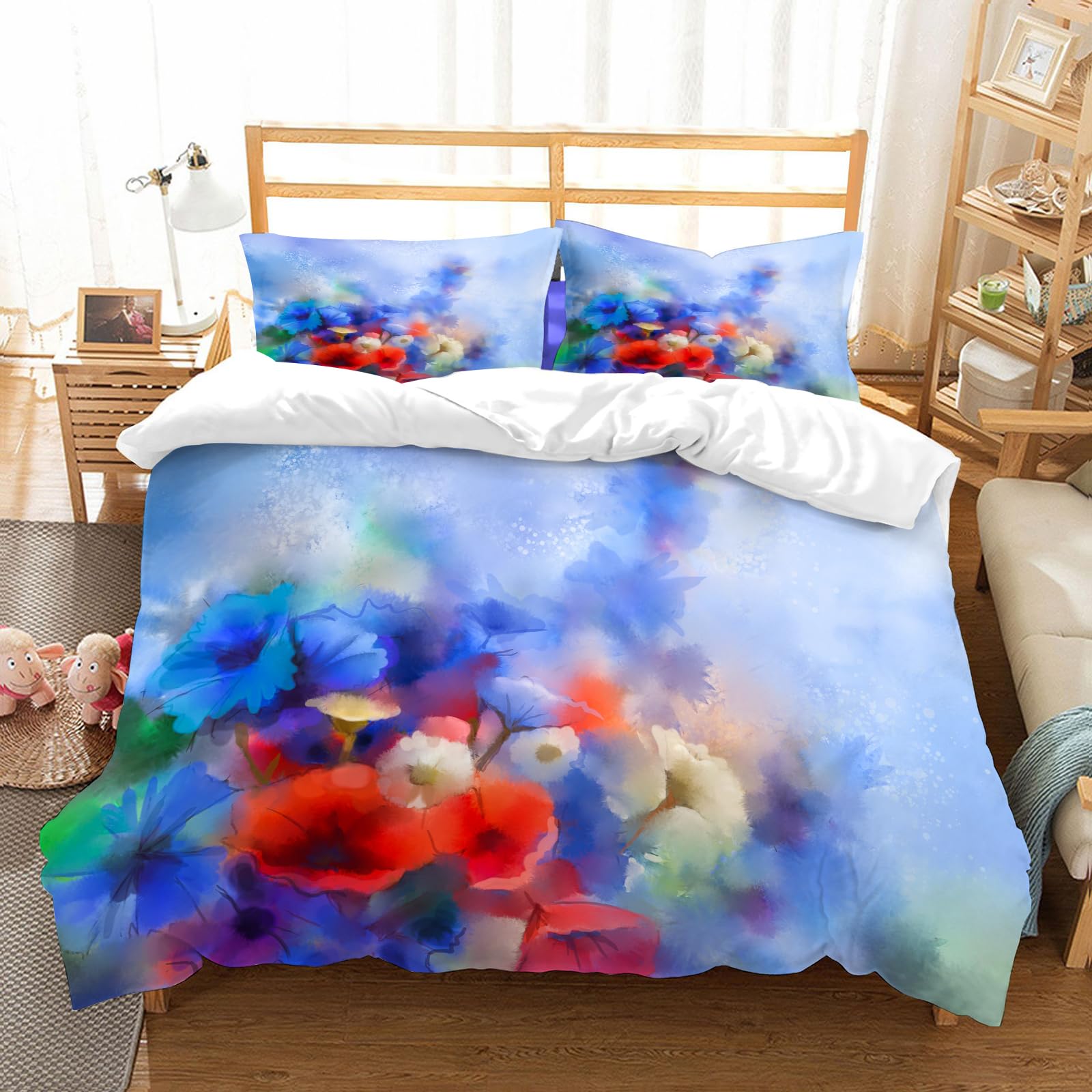 Ensemble de literie 100% microfibre 200x228cm avec 2 taies d'oreiller fleurs aquarelle