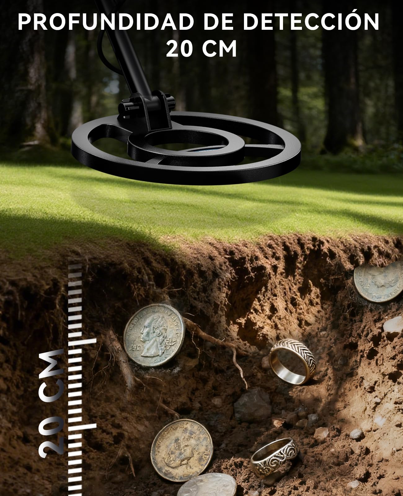 SUNPOW Detector de Metales para Adultos y Niños - Detectores de Metales Recargable por USB, Batería de Larga Duración 20H - 4 Modos para Detección de Oro - Bobina de Búsqueda Impermeable IP68 de 8"