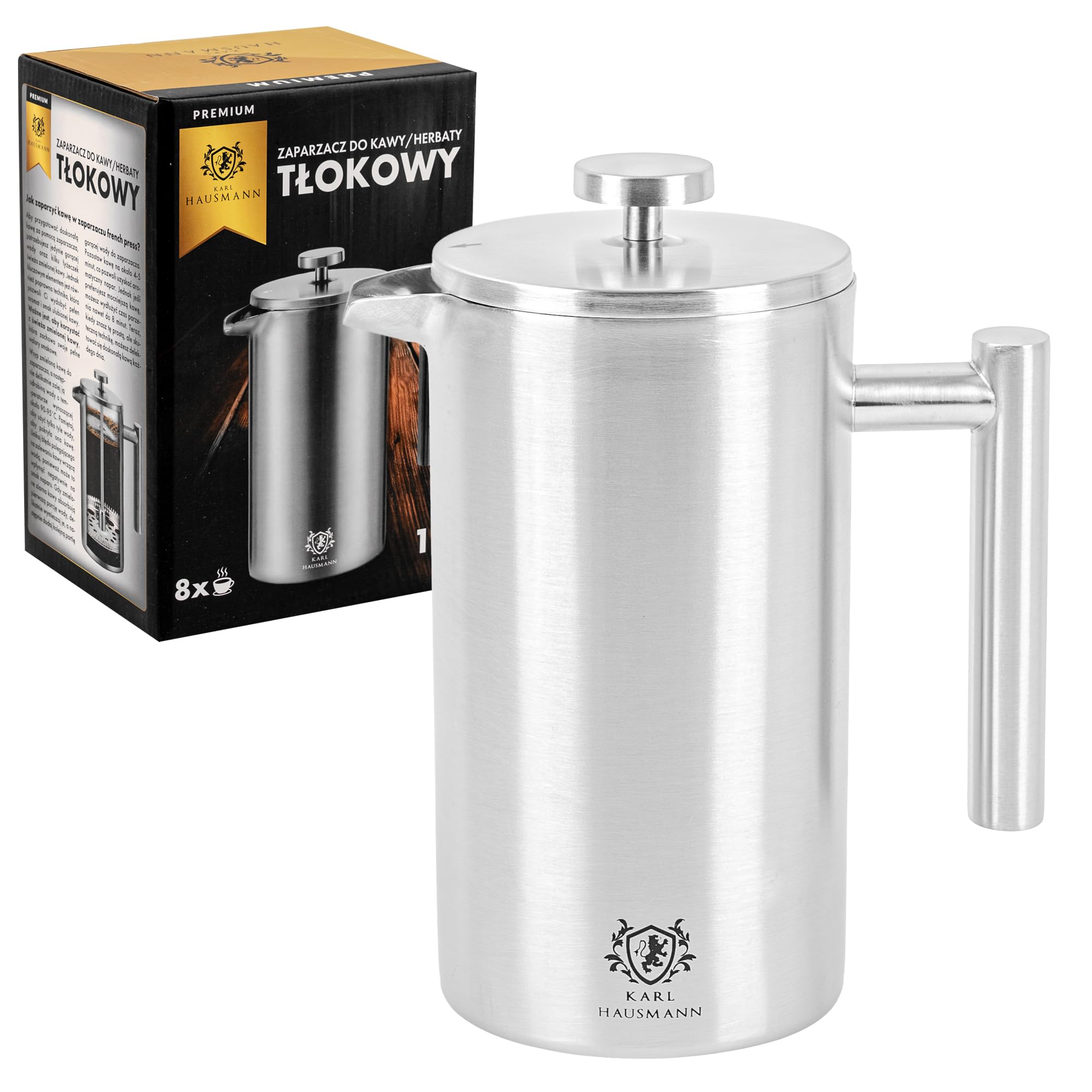 KARL HAUSMANN French Press Caffe Camping - 1 Litro / 8 Tazze - Caffettiera Francese Acciaio Inox - Macchina Caffè - coffee pressa francese campeggio - frenchpress inossidabile - Argento frenchpress