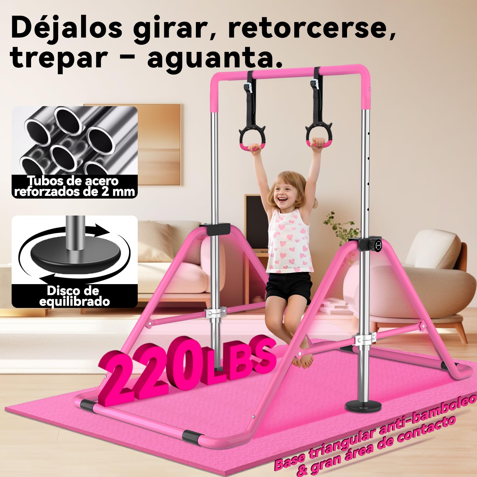 WATBKHE Barra de Gimnasia para niños, Ajustable y Plegable, Barra de Entrenamiento con Anillos, Barra Horizontal Resistente para niños y niñas