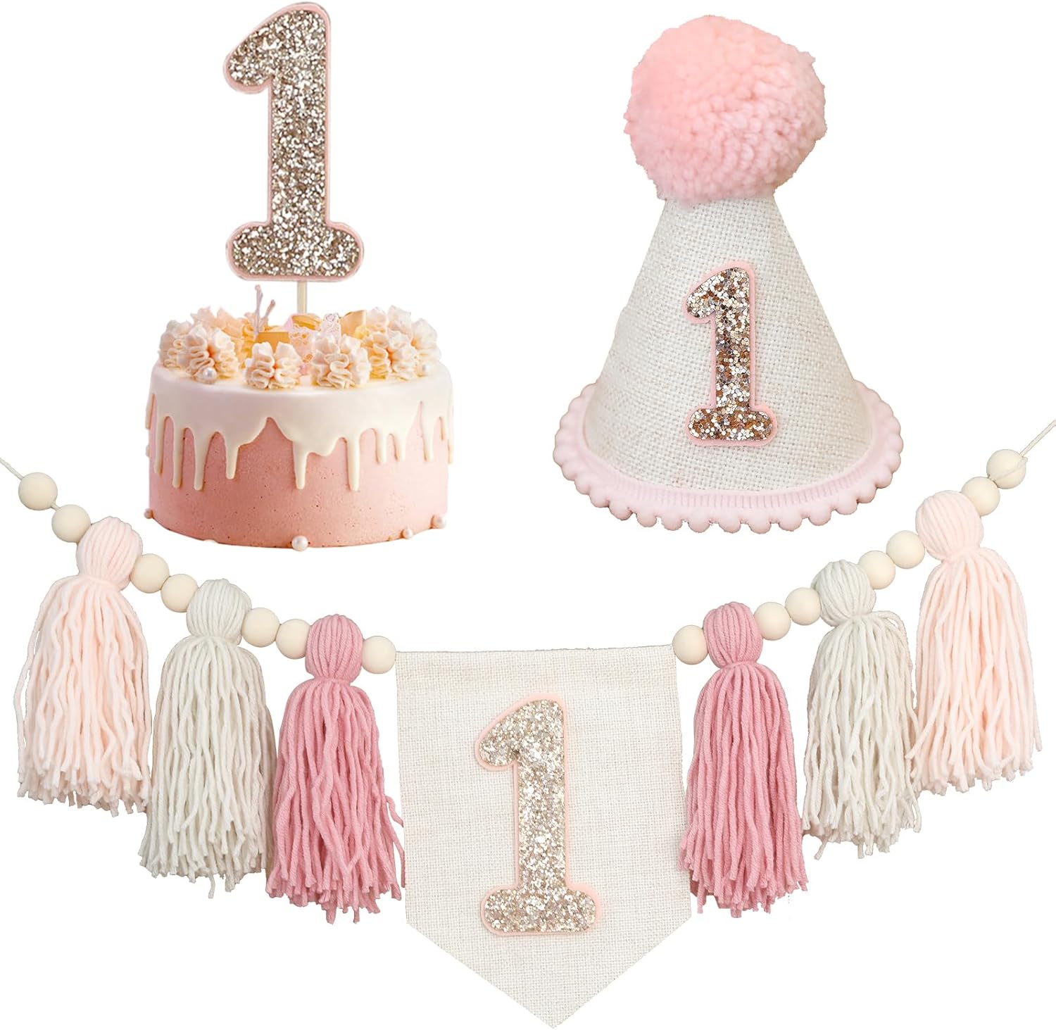 Pink 1st Birthday Decoration High Chair Banner For Girl 1st Birthday Crown Cake Topper First Birthday Party Decorations bright pink