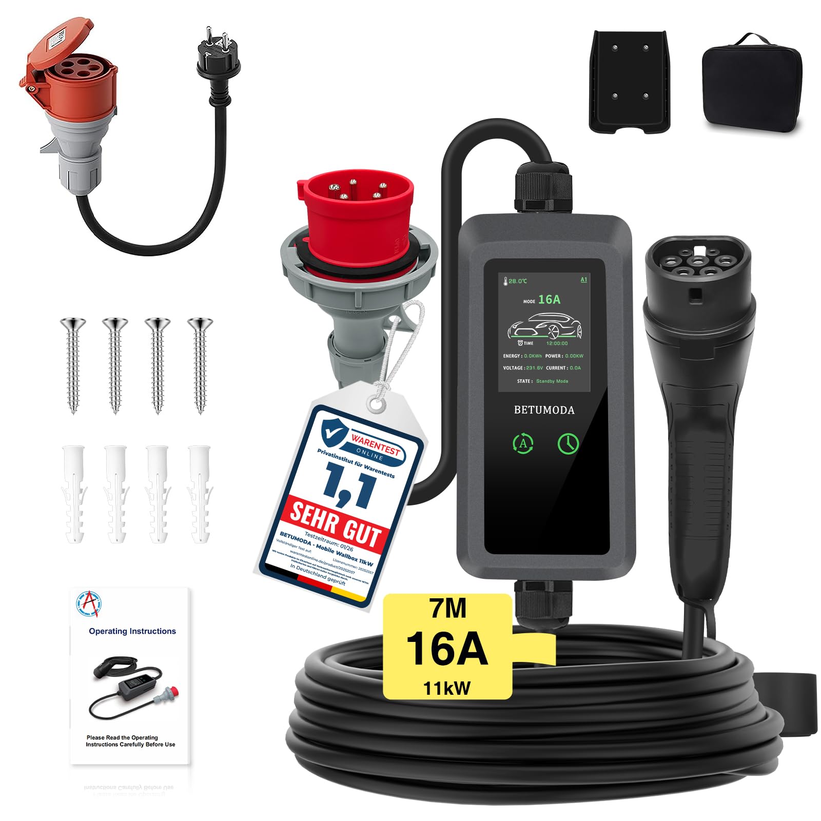 Mobile Wallbox 11kW mit Stromzähler 7m, 3-phasig, 8-16A, CEE 16A auf Typ 2 Ladekabel mit Einstellbarer Ladeleistung, für Allen EVs(IEC 62196-2) & PHEVS