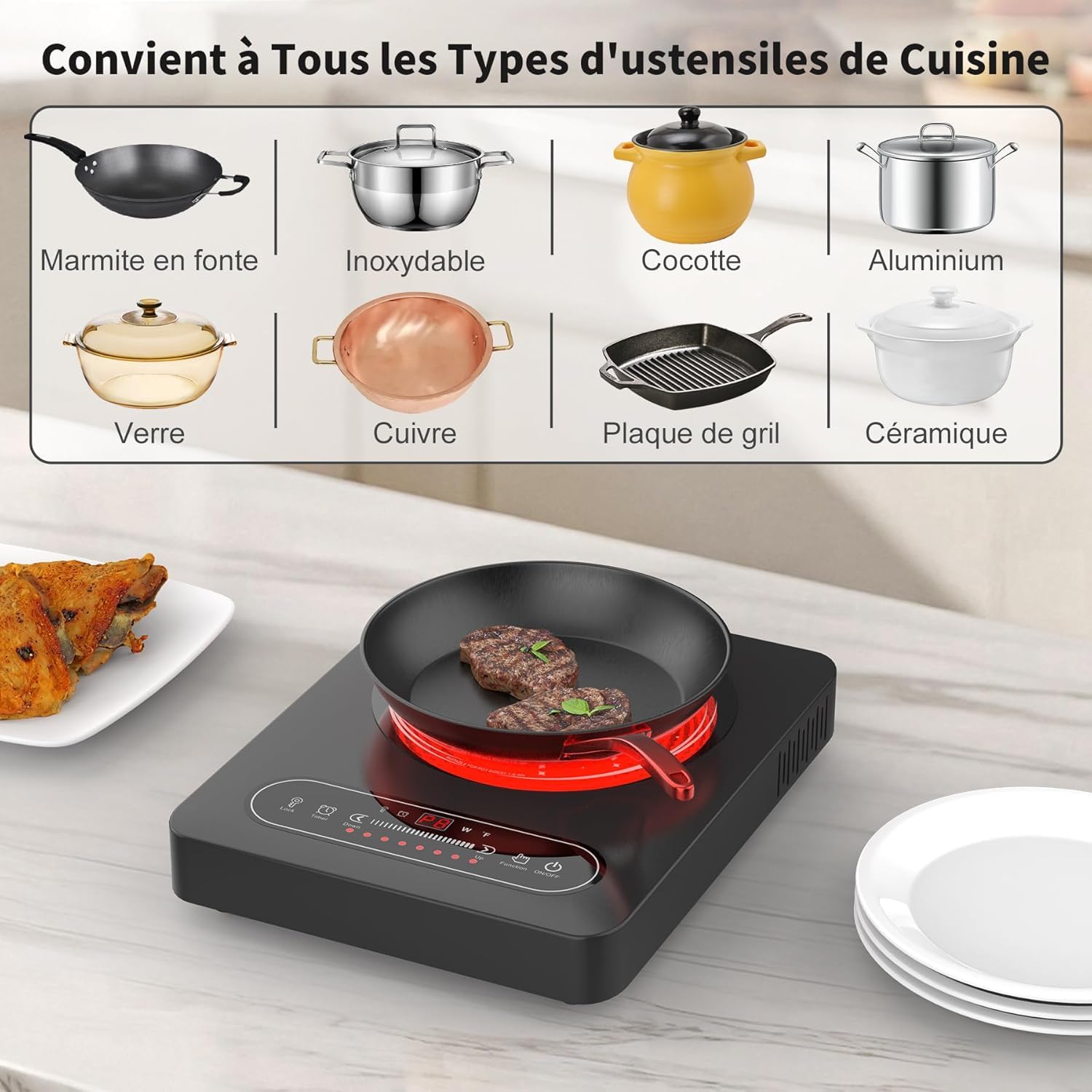 Plaque Vitrocéramique 1 Feu 2000W Tables de Cuisson Portable avec Minuterie 8 Niveaux de Puissance 220V-240V