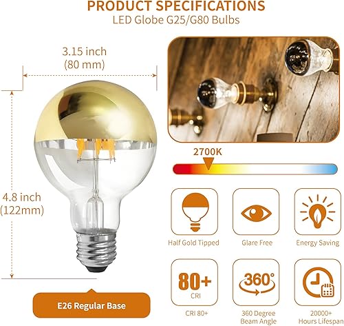 Miniatura 2 de Meconard Bombilla decorativa de media cromada, G80G25 regulable E26 con base de tornillo mediano LED de filamento globo, equivalente a 60 vatios,