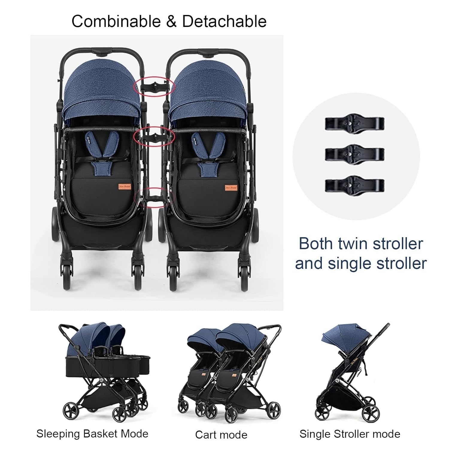 Rieort Poussettes Tandem Pliables en Alliage d'aluminium Poussette jumelle Tout-Terrain Chariot séparable Poussette Grand Espace Poussette Double