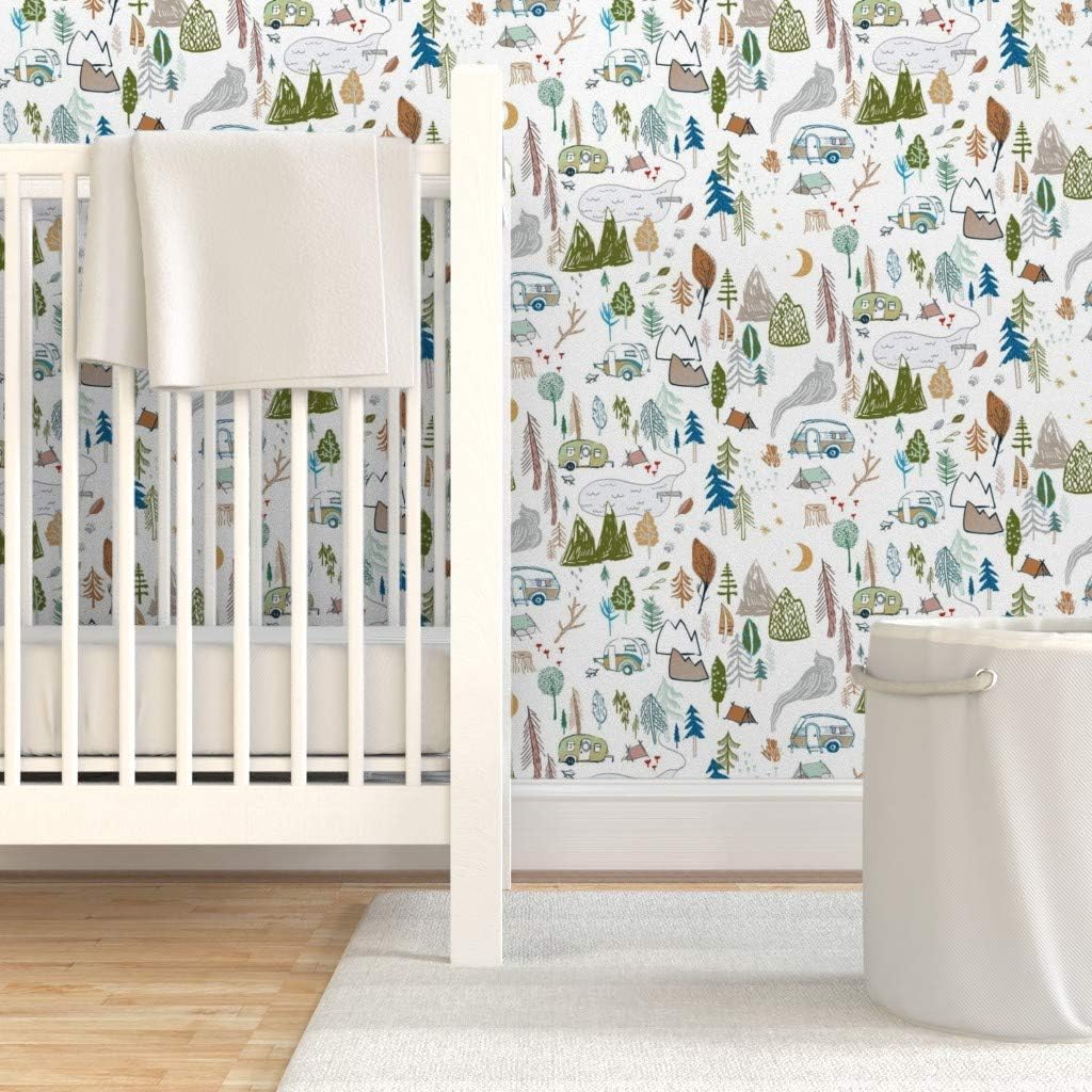 Peel & Stick Wallpaper 3ft x 2ft - Camper White Caravan Tent Mountain Forest Mushroom Summer Vacation Boy Bear Custom Removable Wallpaper by Spoonflower