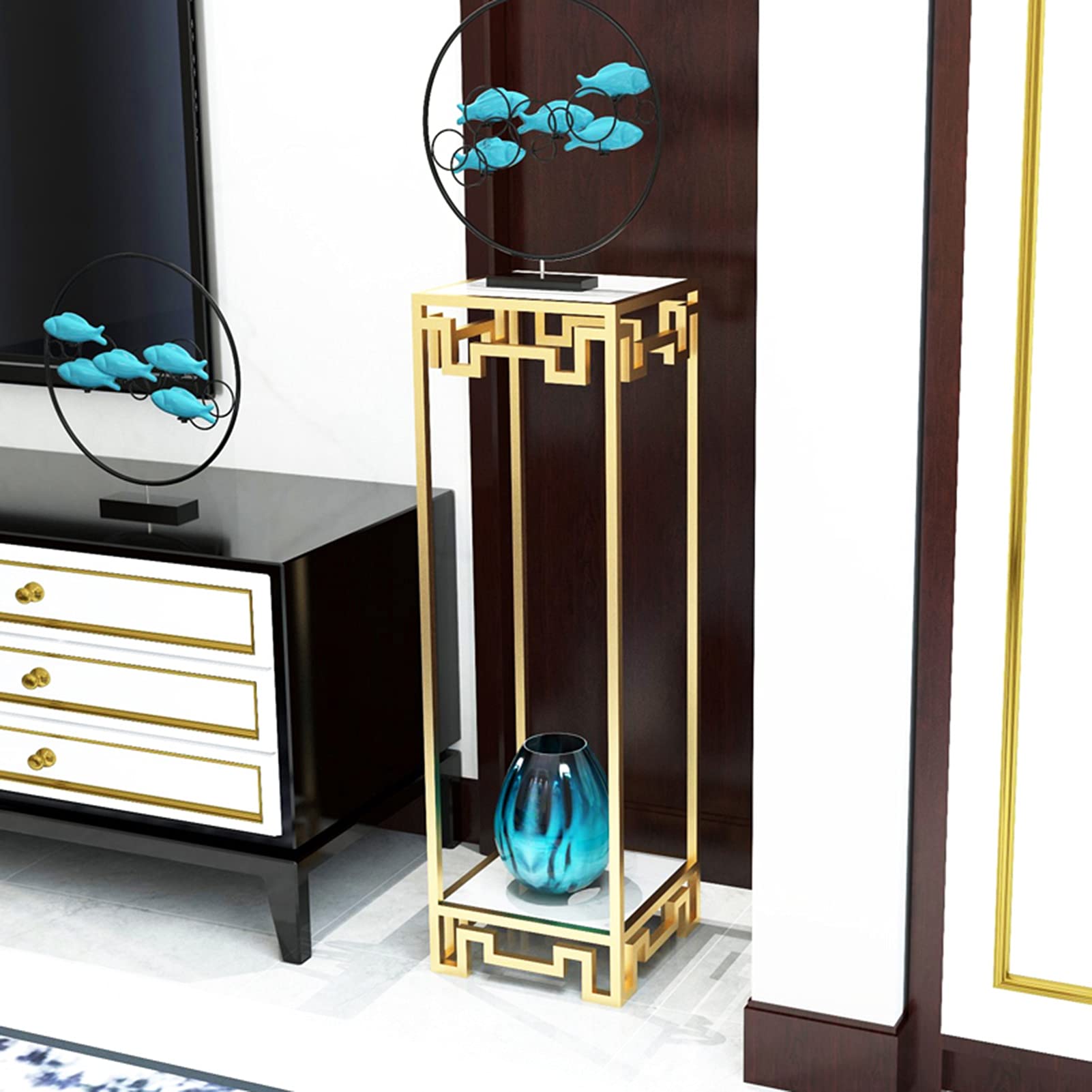 HWLL Porta Piante 2 Livelli In Metallo E Cartone - Scaffale Quadrato Oro/Nero 30x30x70/90cm