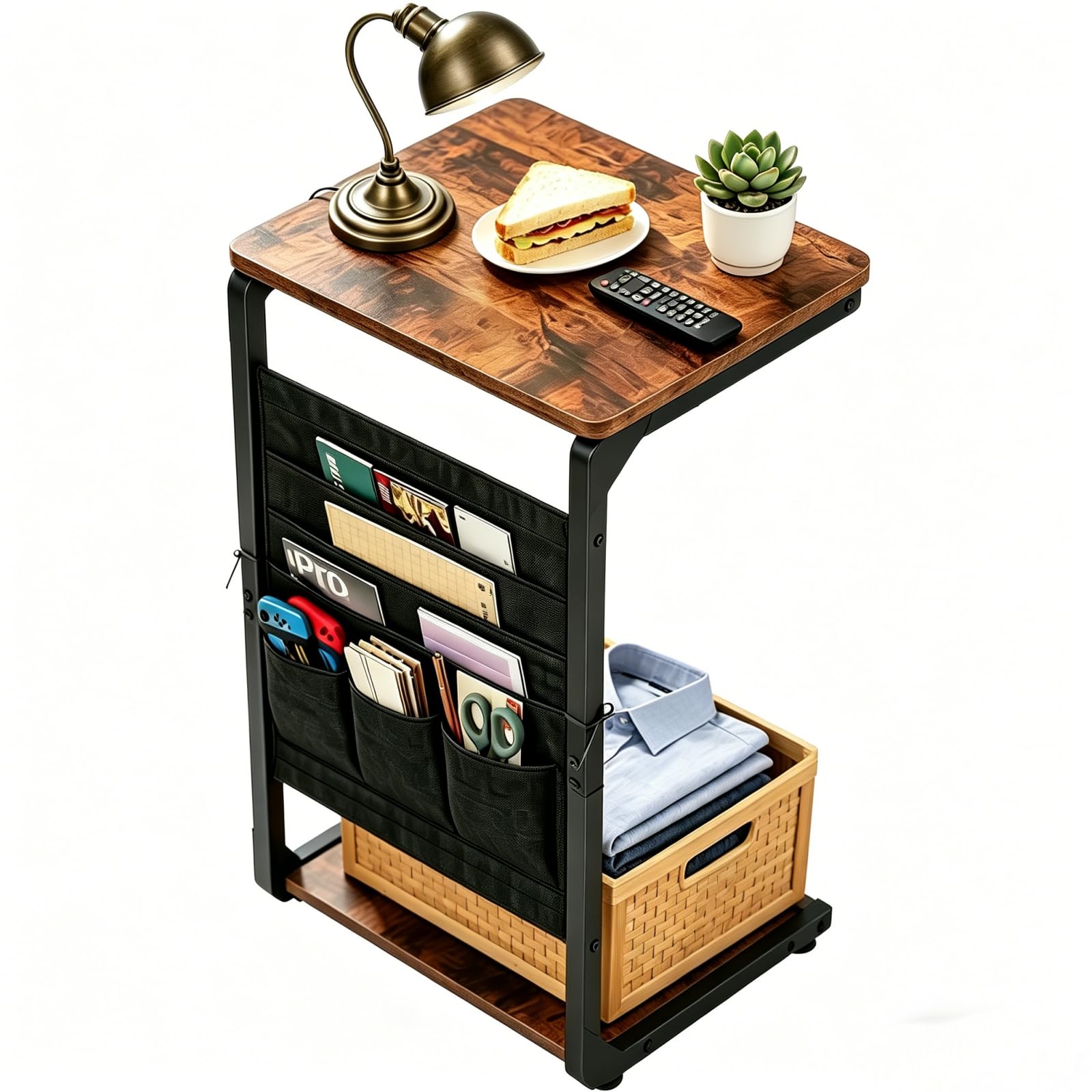 Vovonusy Small End Table with Storage Bag, Night Stand, Couch C Shaped Side Table, Sofa TV Tray Table, Nightstand for Bedroom, Bedside, Living Room