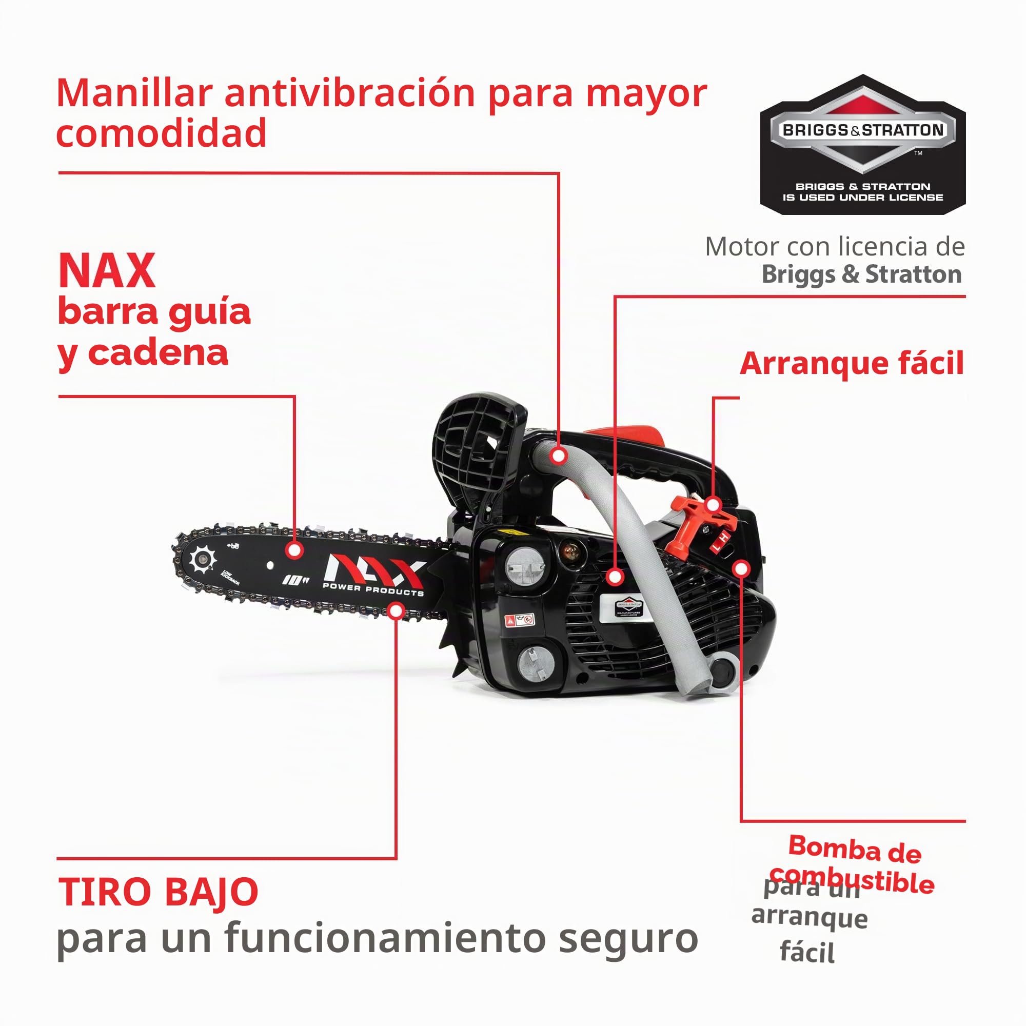 NAX POWER PRODUCTS Motor 100 C 25,4 cm3 0,75 kW, riel guía de 10 pulgadas 25 cm, sistema antirretroceso LOW KICKBACK Briggs & Stratton, licencia oficial, motosierra de gasolina, color negro