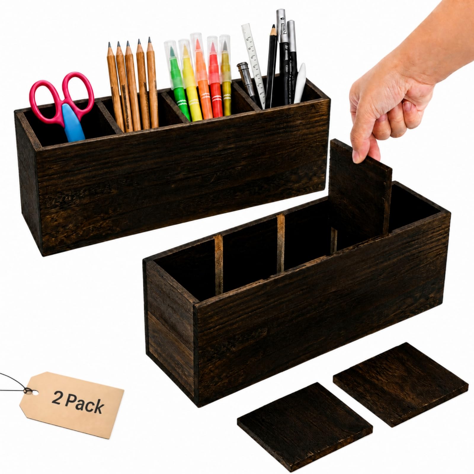 Dicunoy Paquete de 2 soportes de madera para lápices para aula, soporte de madera para control remoto, organizador de mesa rústico de estilo retro con 4 compartimentos para suministros de arte,