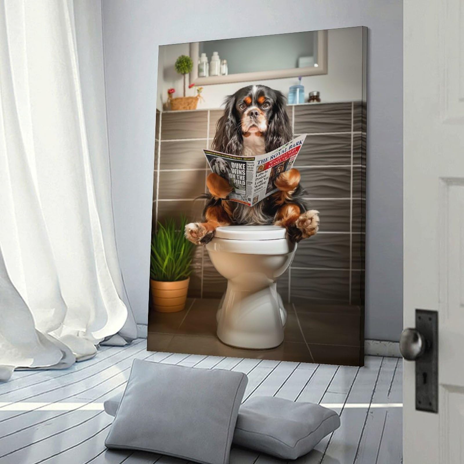 Junmoney Frame-Style-19 Decorative Wall Artwork Spaniel On The Toilet, 12X18inch(30X45cm), For New Homes, Bedrooms Or Workspaces, Canvas Artwork With Gifting Potential