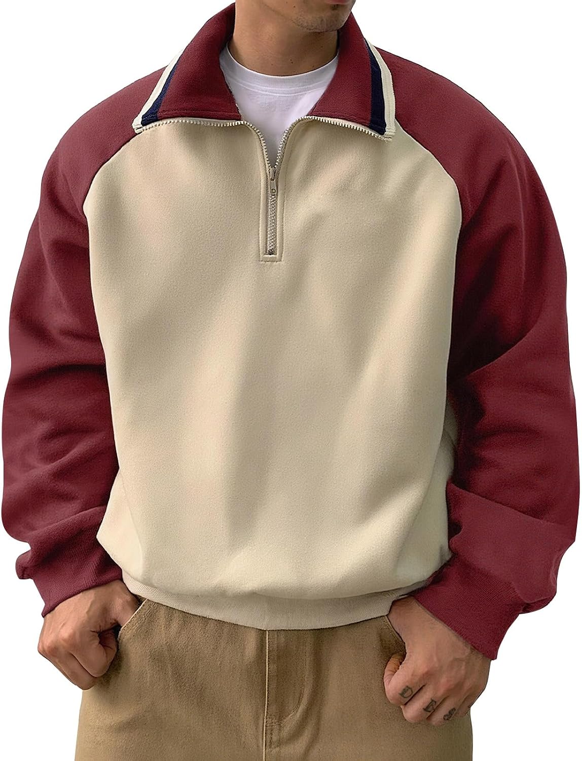Ymosrh Men's Sweater Long Sleeve Color Block Quarter Zip Pullover Casual Athletic Knit Sweater, S-2XL