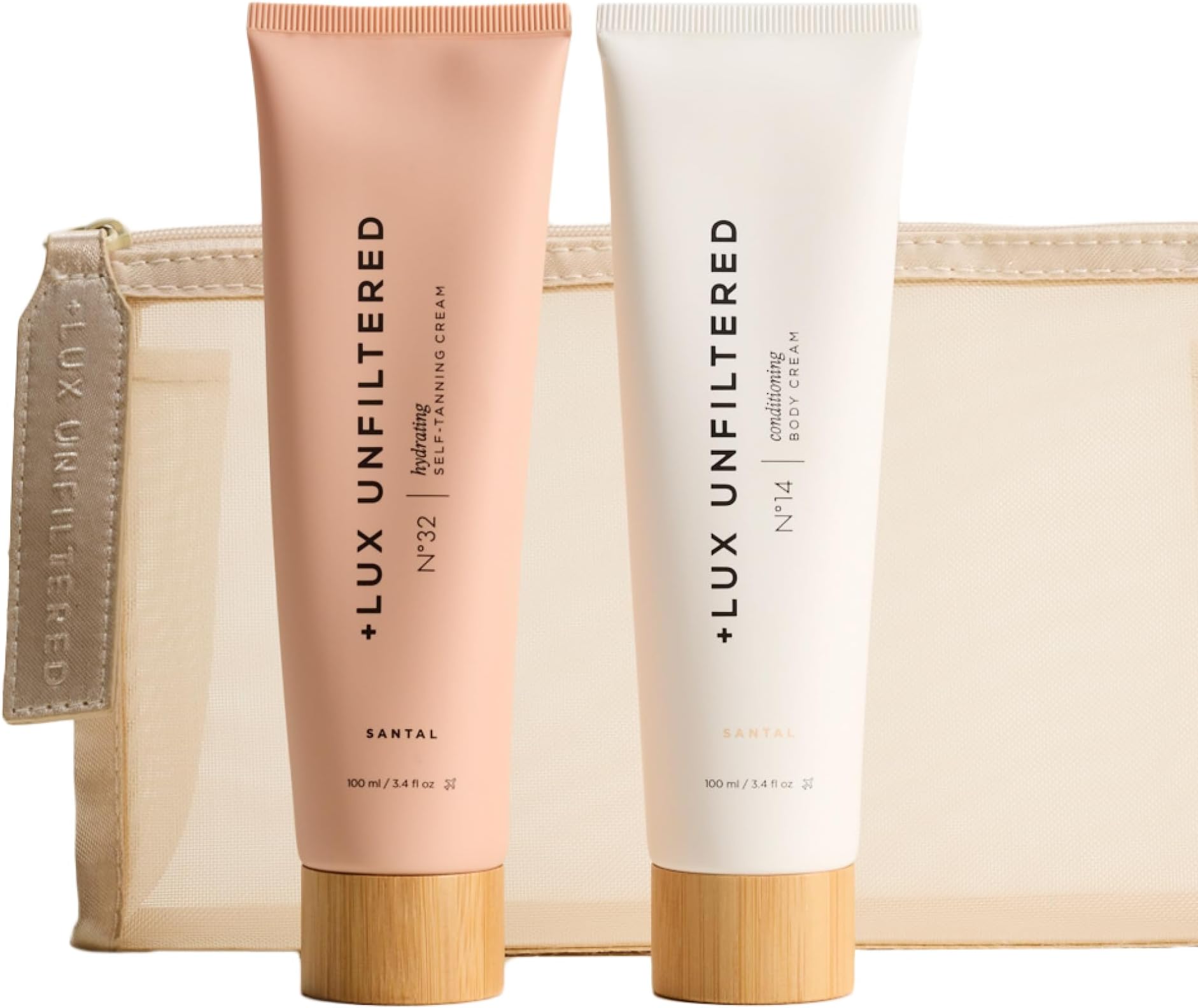 + Lux Unfiltered First Class Glow Travel Kit - Includes N°32 Gradual Self Tanner & N°14 Body Cream in Santal - Travel Size Self Tanner & Body Lotion with Water-Resistant Cosmetic Pouch - 3.4 fl oz