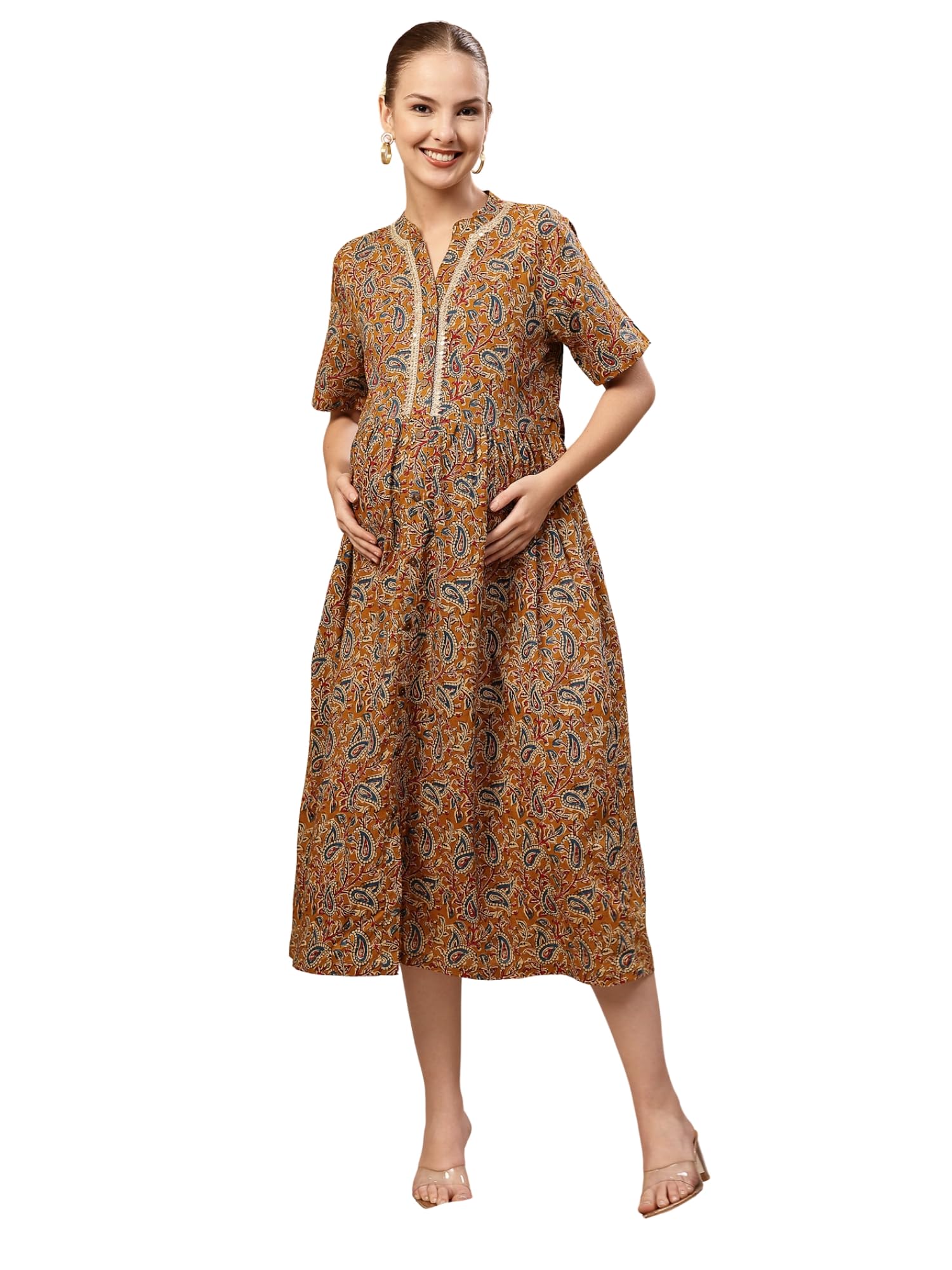 Cotton Maternity Dress | Zipless Maternity Wear | Metallic Lace & Side Sash | Pregnancy & Postpartum Wear-image-22