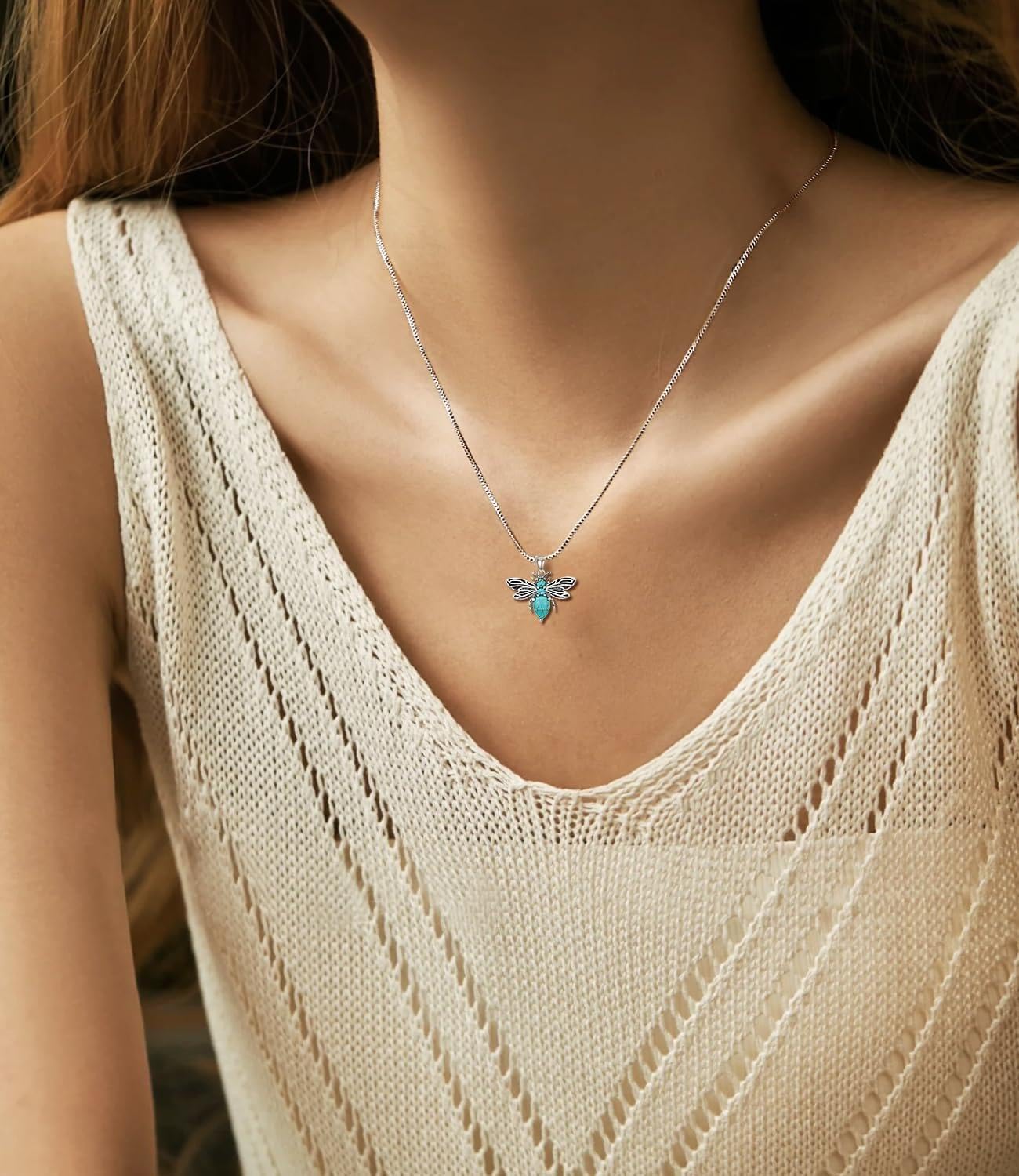 Genuine Turquoise Bee Necklace Pendant for Women 925 Sterling Silver Green Bumble Bee Jewelry with Black Hollow Wings for Her Wife Girlfriend