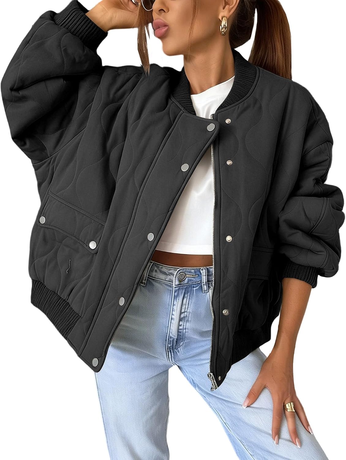 Women's Quilted Bomber Jacket Fall 2025 Fashion Lightweight Cropped Zip Up Outerwear Winter Puffer Coats Pockets