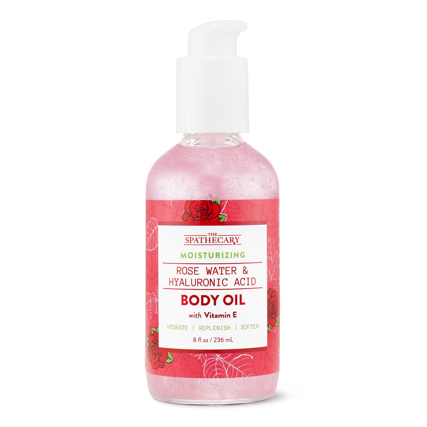 Moisturizing Body Oil Rose Water & Hyaluronic Acid with Vitamin E, SHIMMERING. Cruelty-Free, Nourishing, Spa-Like Treatment to Hydrate Replenish & Soften, 8 oz.