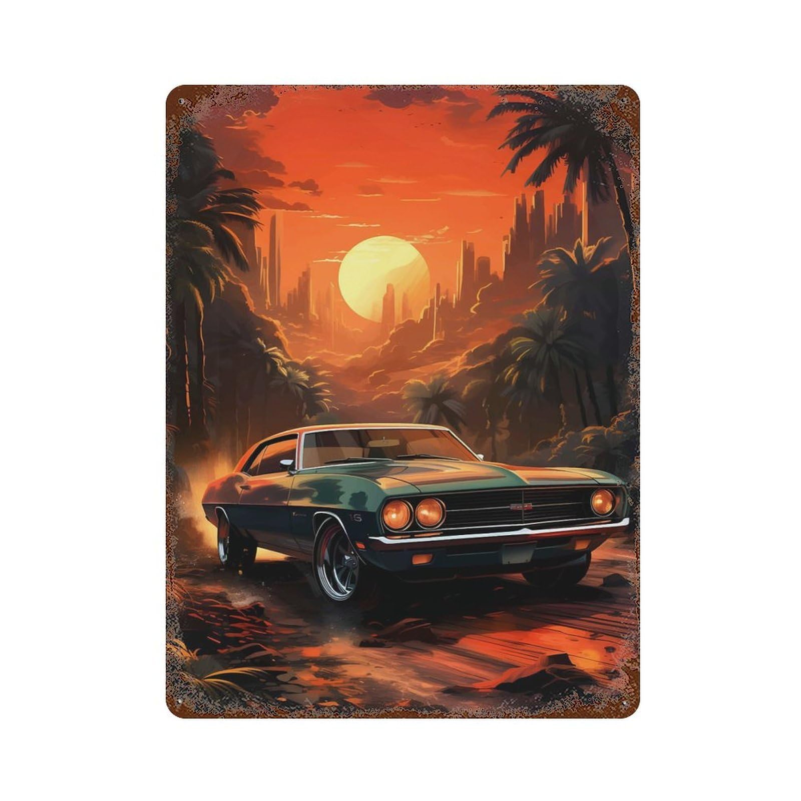 Rust Effect Race Car Rusty Metal Tin Sign 15.7"x11.8", Old School Wall Decor for Pub, Kitchen And Man Cave Decor