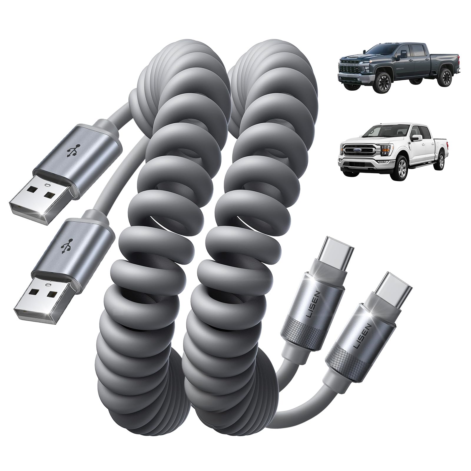 LISEN Coiled USB C Cable, 2 Pack for Android Auto & CarPlay Cable, Durable Short USB A to USB C Cable Compatible with iPhone 17/16/15, Samsung Galaxy S26/S25/S24 A15/A14, Gray 4FT