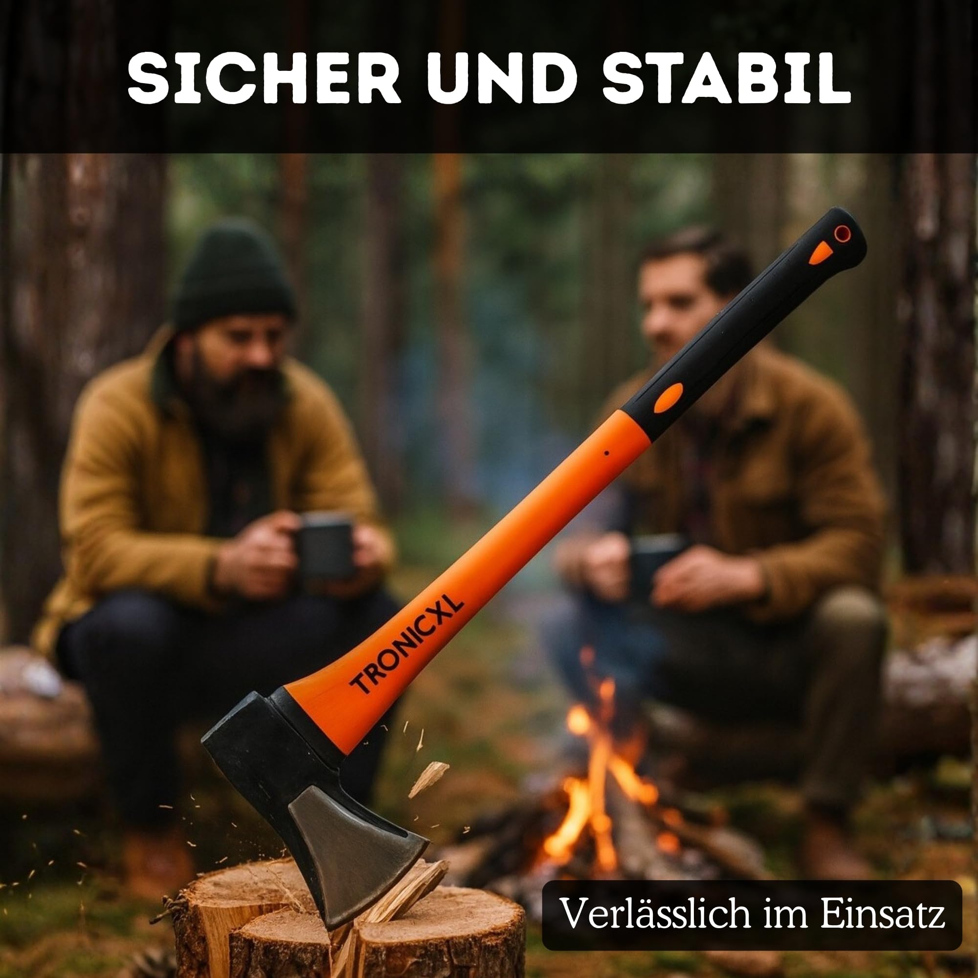 TronicXL Axt Beil 2000 g Spaltaxt groß - Vibrationsarmer Stiel aus Fiberglas - Gummiertes Griffende - Zur präzisen Bearbeitung von Holz/mit Schneidschutz/Spaltbeil/Camping