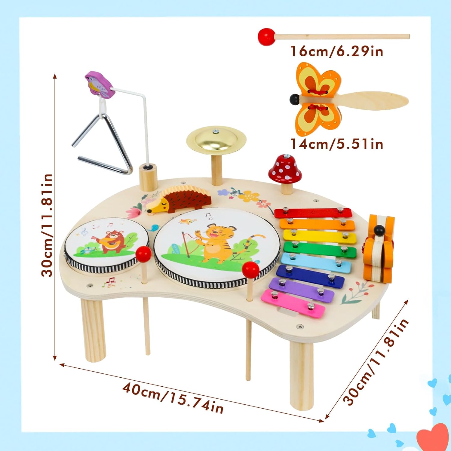 XIAPIA Drum Set for Toddlers 1-3, 11 in 1 Wooden Musical Instruments, Montessori Toys for 1 Year Old, Early Learning Music Baby Toy with Xylophone, Birthday Gift for Boys & Girls for 1 2 3 (Colorful)