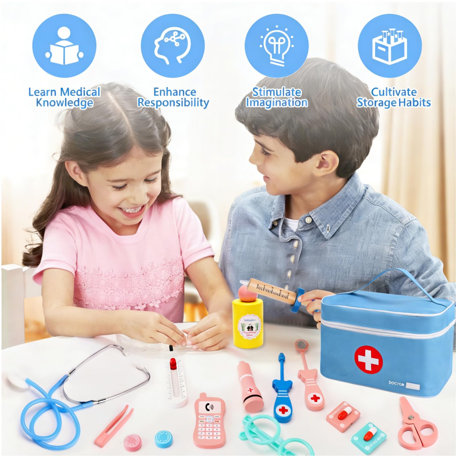 Malette Docteur Enfant, avec Véritable Stéthoscope, Thermomètre, Blouse de Médecin et Sac de Médecin Portable, Malette Docteur Enfant pour Fille Garcon 3+ Ans, Jouet Enfant 3 4 Ans