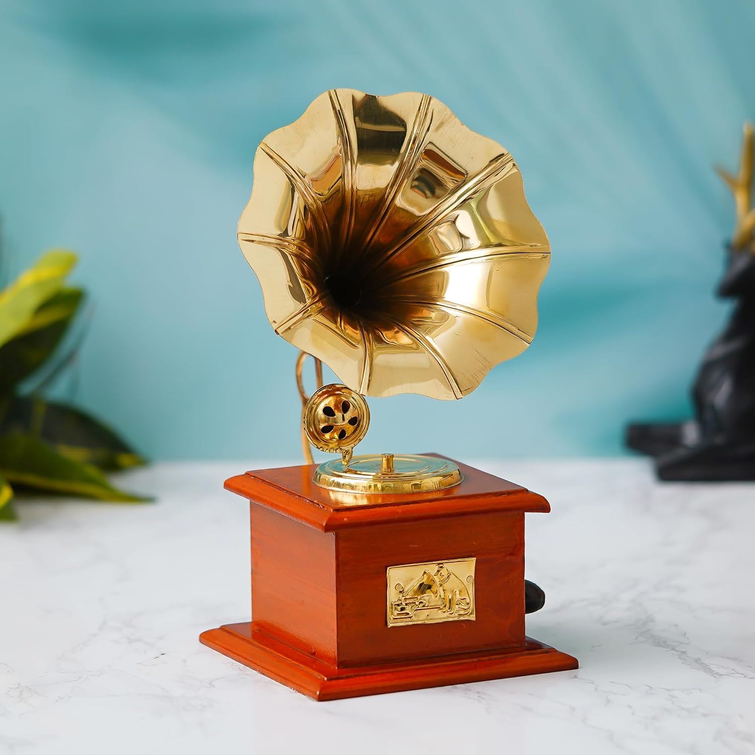 JaipurCrafts Premium Sparkle Square Gramophone Showpiece – 23 cm (Brass, Brown, Gold) (Brown, Gold)
