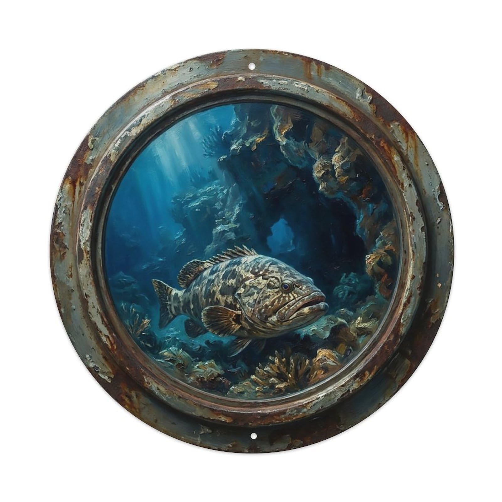 Vintage Porthole Grouper Ship Window Undersea Deep Sea Metal Tin Sign
