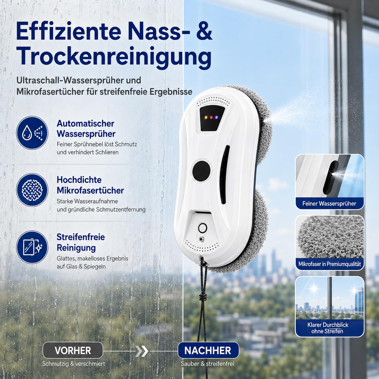 Osmo RoboClean Fensterputzroboter - 2027 Robo Clean Fensterreinigungsroboter mit Fernbedienung, 3Automatische Reinigungsmodi, Intelligente Navigation&Kantenerkennung, Sicherungsseil,für Fenster (A)