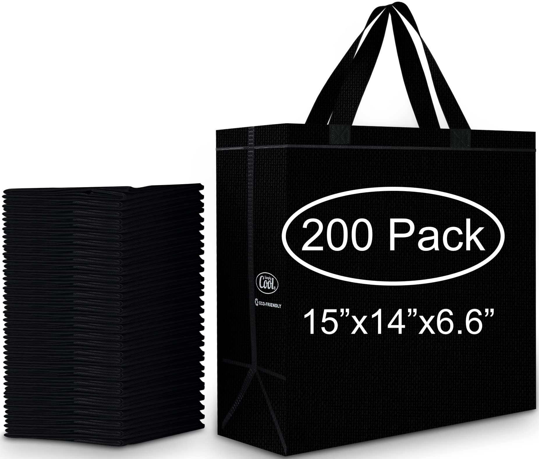 Photo 1 of Simply Cool 200 Pack Black Reusable Eco-Friendly Grocery Shopping Bags 15”x14”x6.6” Durable Environmentally Friendly Recyclable Shopping Bags Washable Foldable Portable Tote Bags 200 Pack - Black Reusable Bags Black