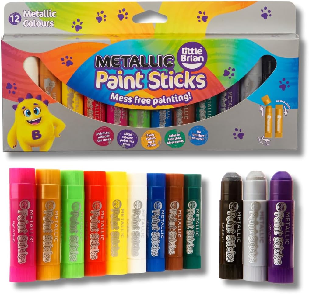 Little Brian Paint Sticks For Kids - 12 Pack Assorted Metallic Colours - Mess-Free, Easy Clean Up, Fast Drying Action, Vibrant Colours, Multi-Surface, Twist & Paint