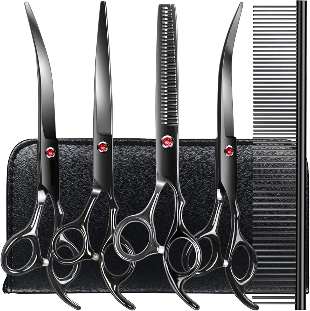 TINMARDA Dog Grooming Kit, Titanium Black Stainless Steel Dog Grooming Scissors with Curved Shears, Black Finger Rings - 5 Piece Sharp Durable Pet Shears for Dogs Cats At Home Salon-Quality Grooming