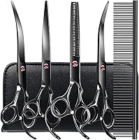 TINMARDA 6-in-1 Professional Dog Grooming Scissors Kit - 6CR Stainless Steel Shears, Curved Straight Thinning for Dogs Cats