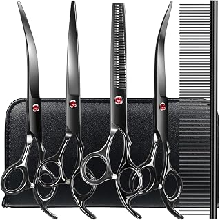 TINMARDA 6-in-1 Professional Dog Grooming Scissors Kit - 6CR Stainless Steel Shears, Curved Straight Thinning for Dogs Cats