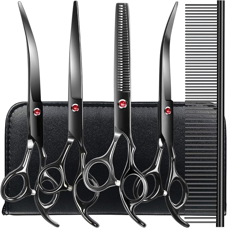 TINMARDA Dog Grooming Kit, Titanium Black Stainless Steel Dog Grooming Scissors with Curved Shears, Black Finger Rings - 5 Piece Sharp Durable Pet Shears for Dogs Cats At Home Salon-Quality Grooming