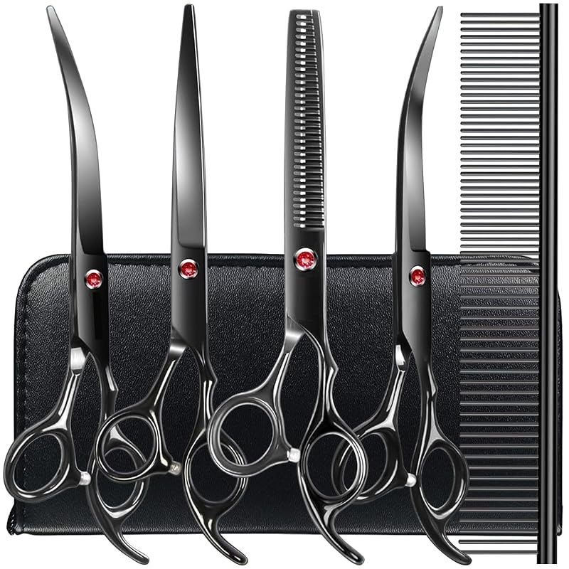 Kit de Tesouras para Tosa de Cães e Gatos TINMARDA em Aço Inoxidável Preto, 5 Peças