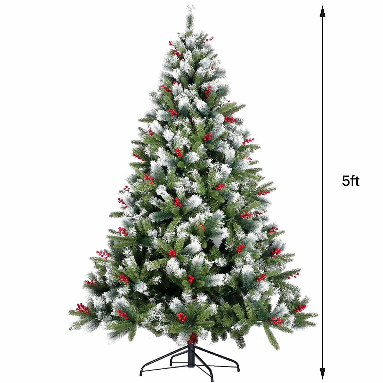 Künstlicher Weihnachtsbaum mit Metallständer, rote Früchte, beflockter Schnee, aufklappbarer Weihnachtsbaum für die Weihnachtsdekoration (1,52 m)