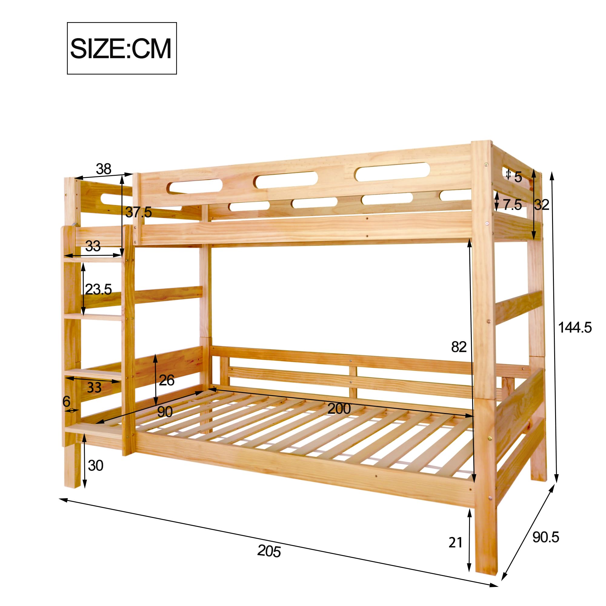 Kinderbett Etagenbett 90x200 cm für 2 Kinder, Hochbett Hausbett mit Leiter, Rausfallschutz und Lattenrost, umwandelbar in 2 Einzelbetten, Stockbett Jugendbett Holzbett Bettgestell, Kiefernholz, Natur