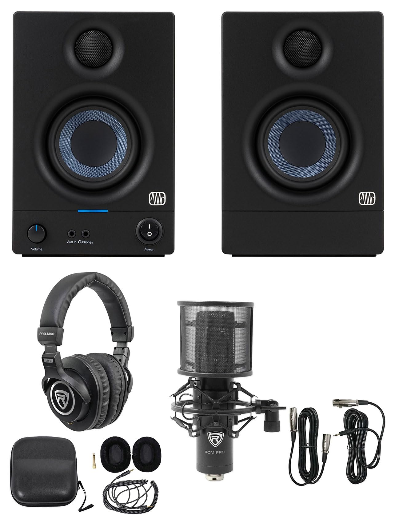 Audiosavings Bundle: Pair Presonus Eris 3.5 2nd Gen 3.5" Studio Monitors Speakers Bundle with Rockville PRO-M50 Studio Headphones and Rockville RCM