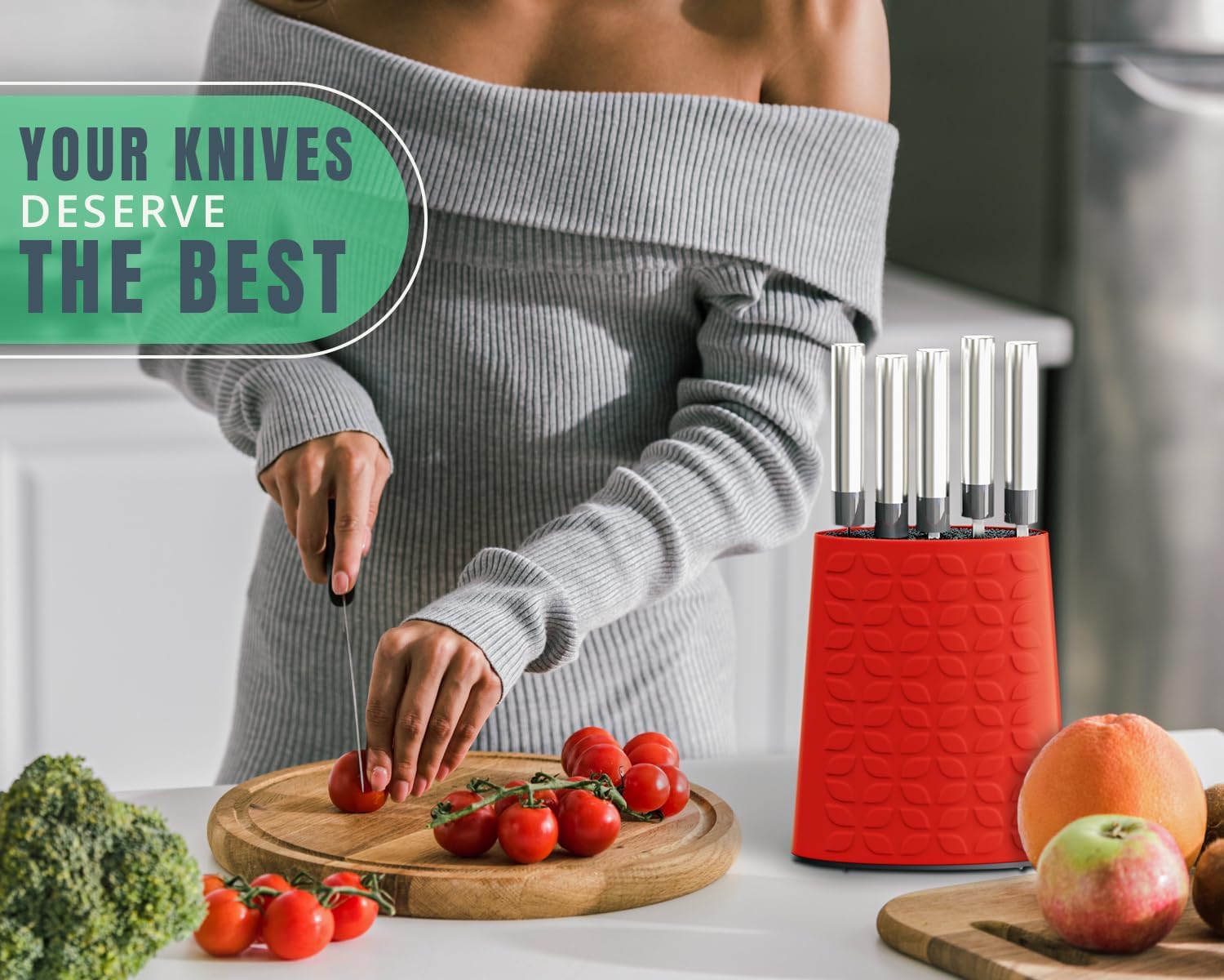 Universal Knife Block without Knives - Easy Knife Storage w/Removable Bristles - Convenient & Versatile Knife Holder for Any Knife Size- Red