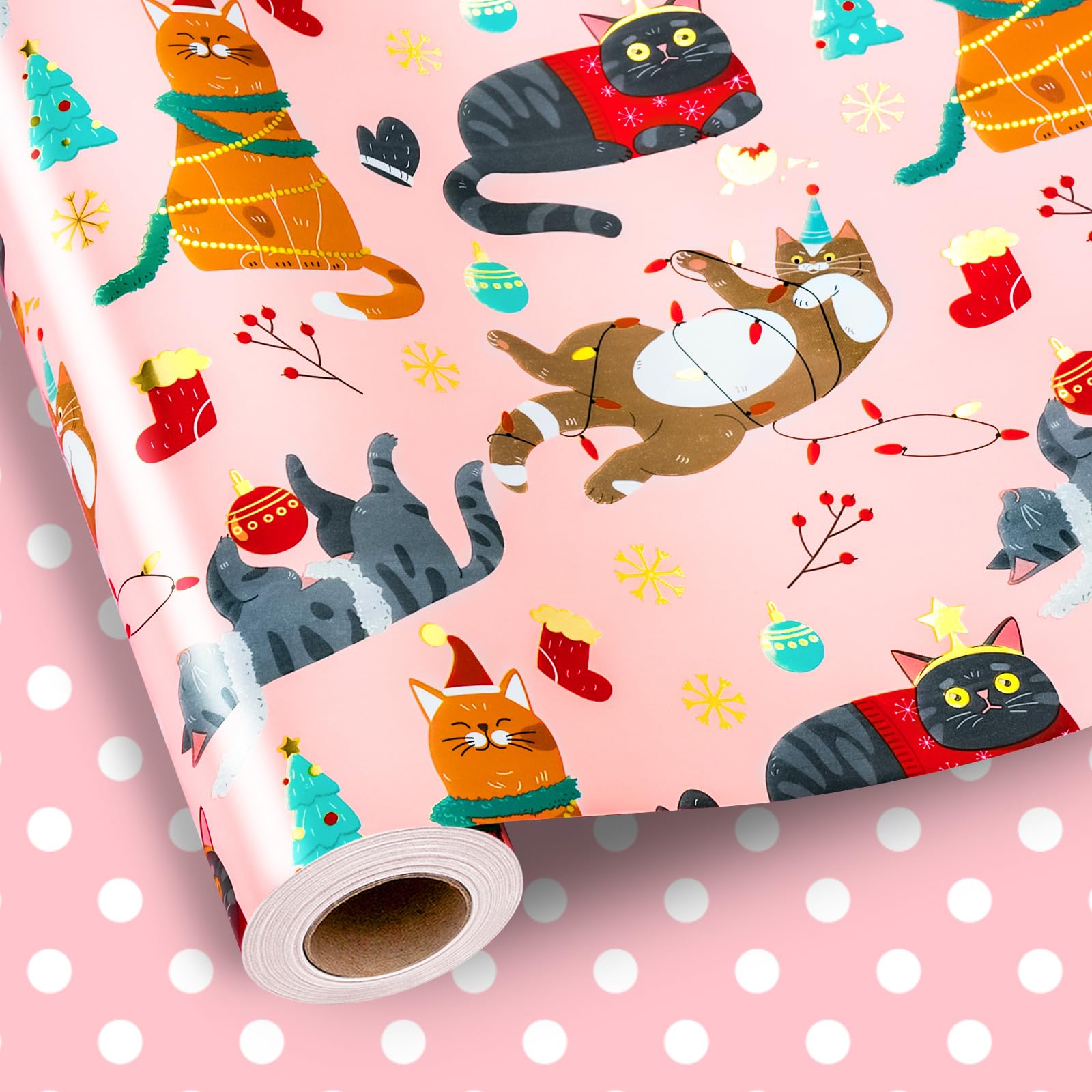 MAYPLUSS Reversible Christmas Pet Wrapping Paper Roll, Christmas Cats Wrapping Paper, Lovely Cats,Polka Dots Pattern Holiday Gift Wrap for Christmas, Party(Mini Roll, 17 Inch X 33 Feet)