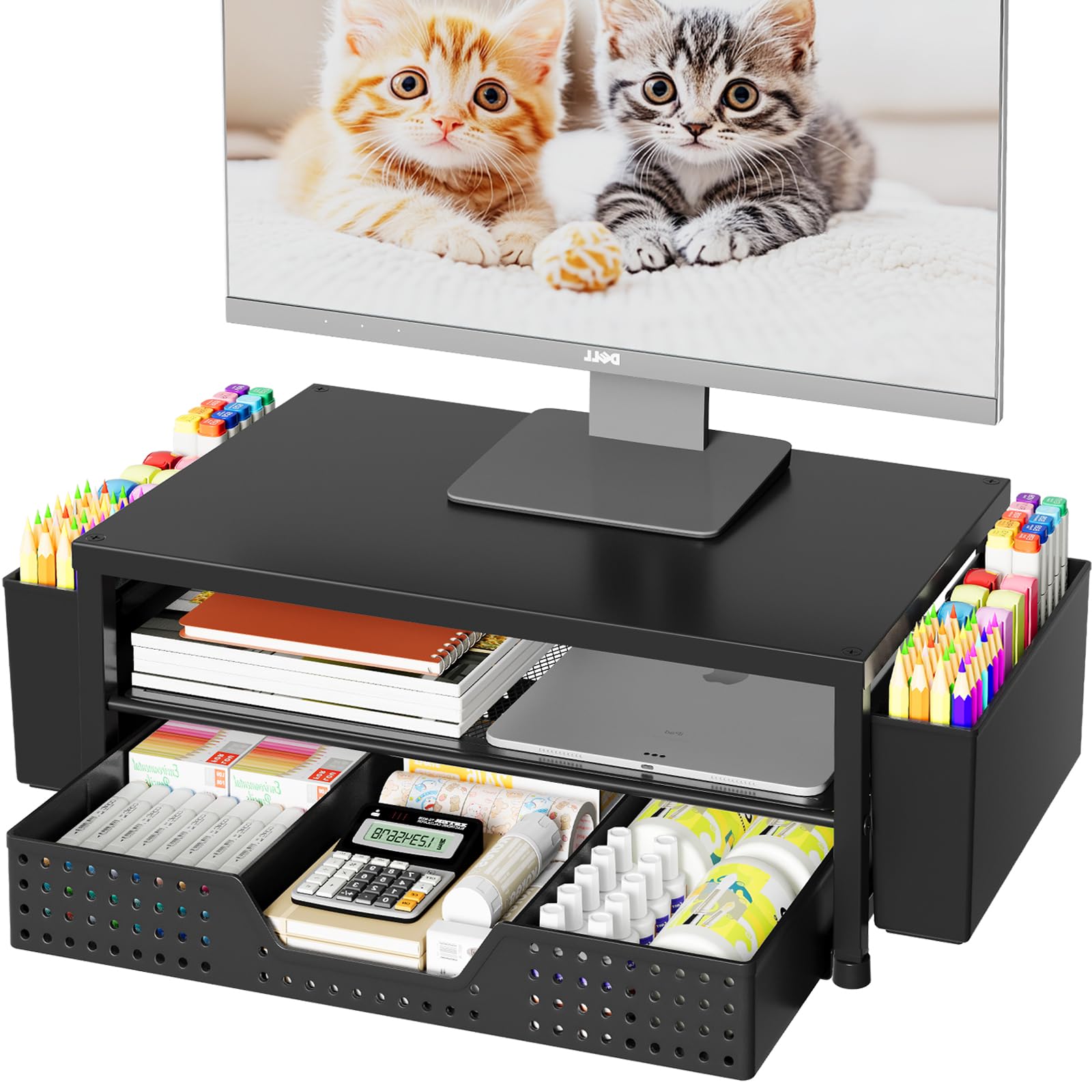 OPNICE Desk Organizers and Accessories Computer Monitor Stand Riser with Drawer and 2 Pen Holders Laptop Stand Office
